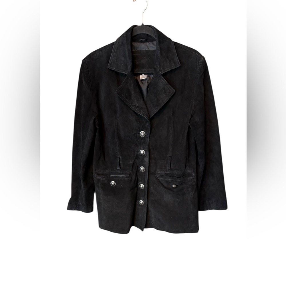 Vintage Jacqueline Ferrar Black Suede Leather Trim Jacket Longline Size Small - Picture 4 of 7